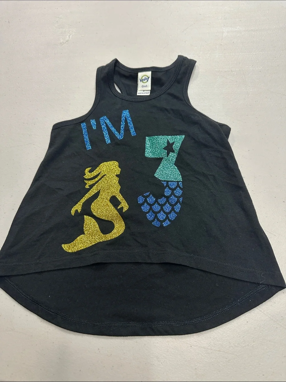 I’m 3 Black Tank Top with Glitter Mermaid and Number Design - Size 3